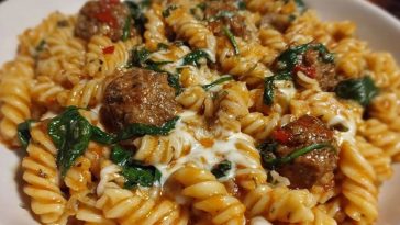 Weeknight Garlic Butter Rotini with Beef, Italian Sausage and Spinach