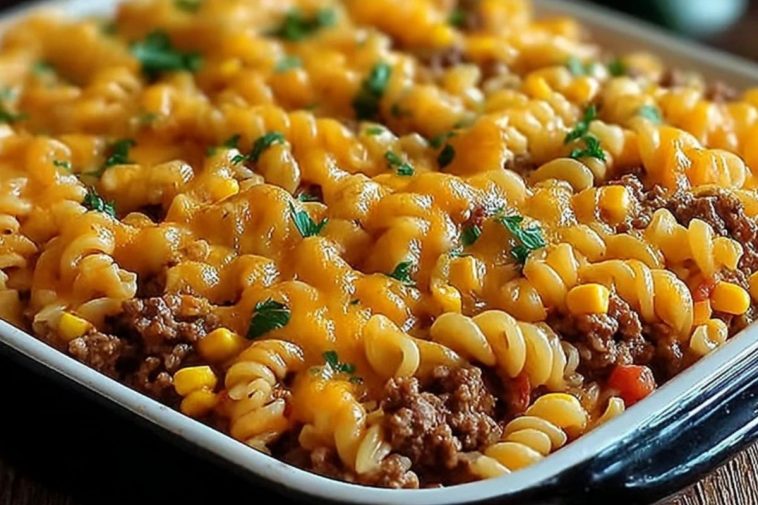 Cheesy Beef and Sweet Corn Rotini Bake