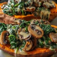 Creamy Mushroom and Spinach Stuffed Sweet Potatoes