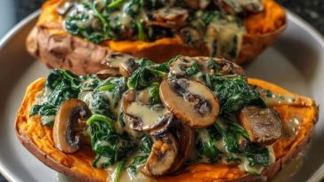 Creamy Mushroom and Spinach Stuffed Sweet Potatoes