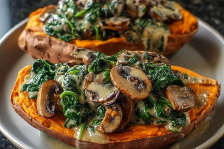 Creamy Mushroom and Spinach Stuffed Sweet Potatoes