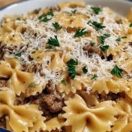 Creamy Parmesan Garlic Beef Bowtie Pasta