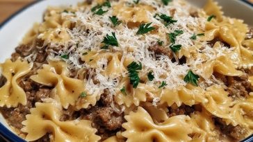 Creamy Parmesan Garlic Beef Bowtie Pasta