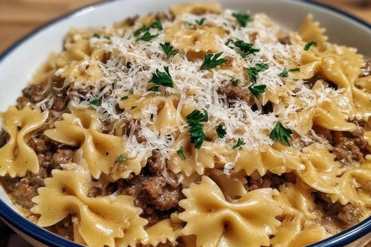 Creamy Parmesan Garlic Beef Bowtie Pasta