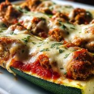 Crispy Chicken Parmesan Stuffed Zucchini Boats