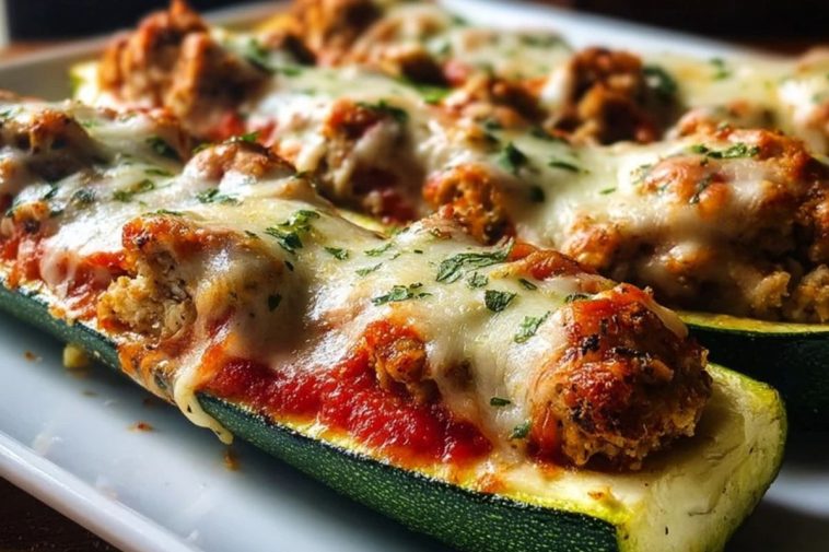 Crispy Chicken Parmesan Stuffed Zucchini Boats