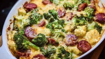 Keto Broccoli and Cauliflower Au Gratin with Sausage