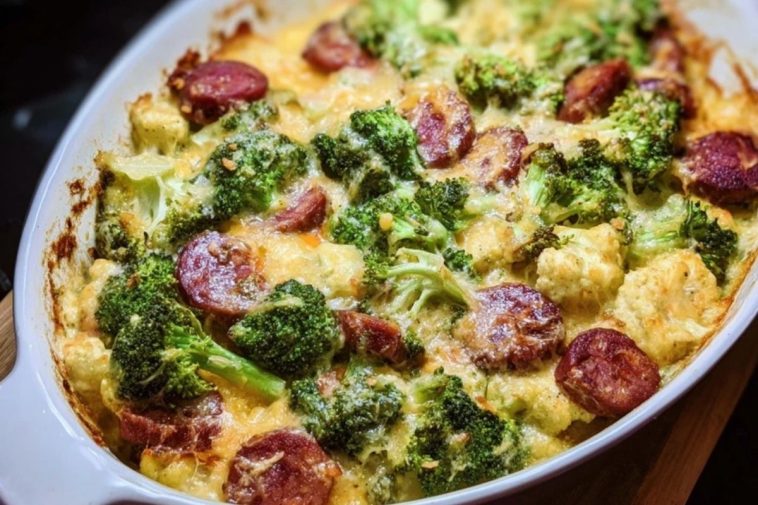 Keto Broccoli and Cauliflower Au Gratin with Sausage