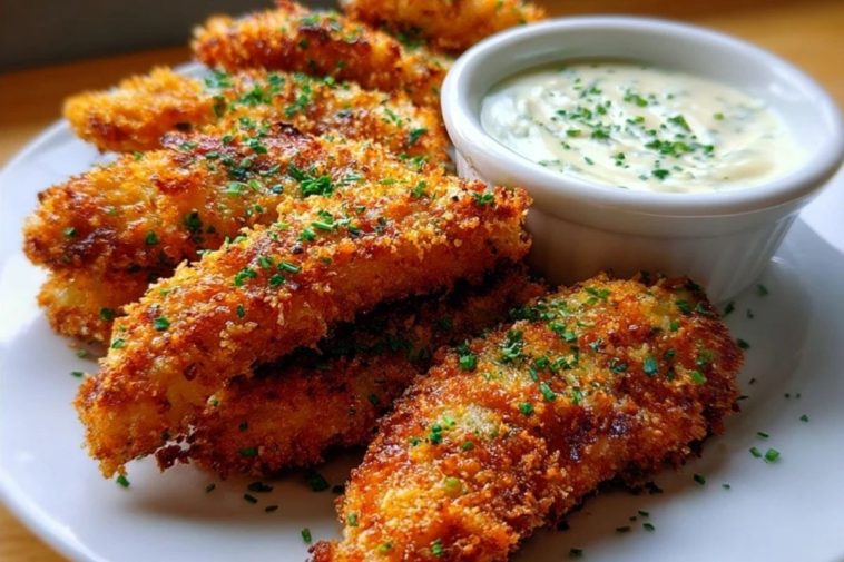 Crispy Parmesan-Crusted Chicken Tenders with Garlic Dip