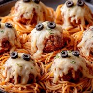Spooky Spaghetti & Cheesy Monster Meatballs