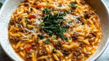 Ground Beef Orzo with Tomato Cream Sauce