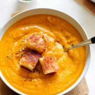 Spicy Pumpkin Soup with Grilled Cheese Croutons