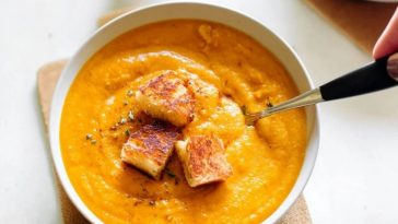 Spicy Pumpkin Soup with Grilled Cheese Croutons