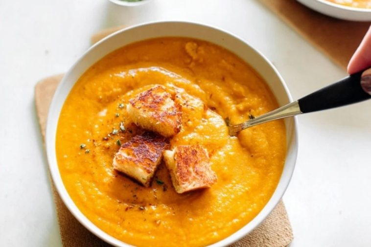 Spicy Pumpkin Soup with Grilled Cheese Croutons