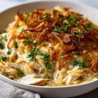 French Onion Chicken Orzo Casserole