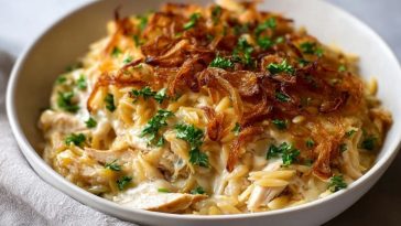 French Onion Chicken Orzo Casserole