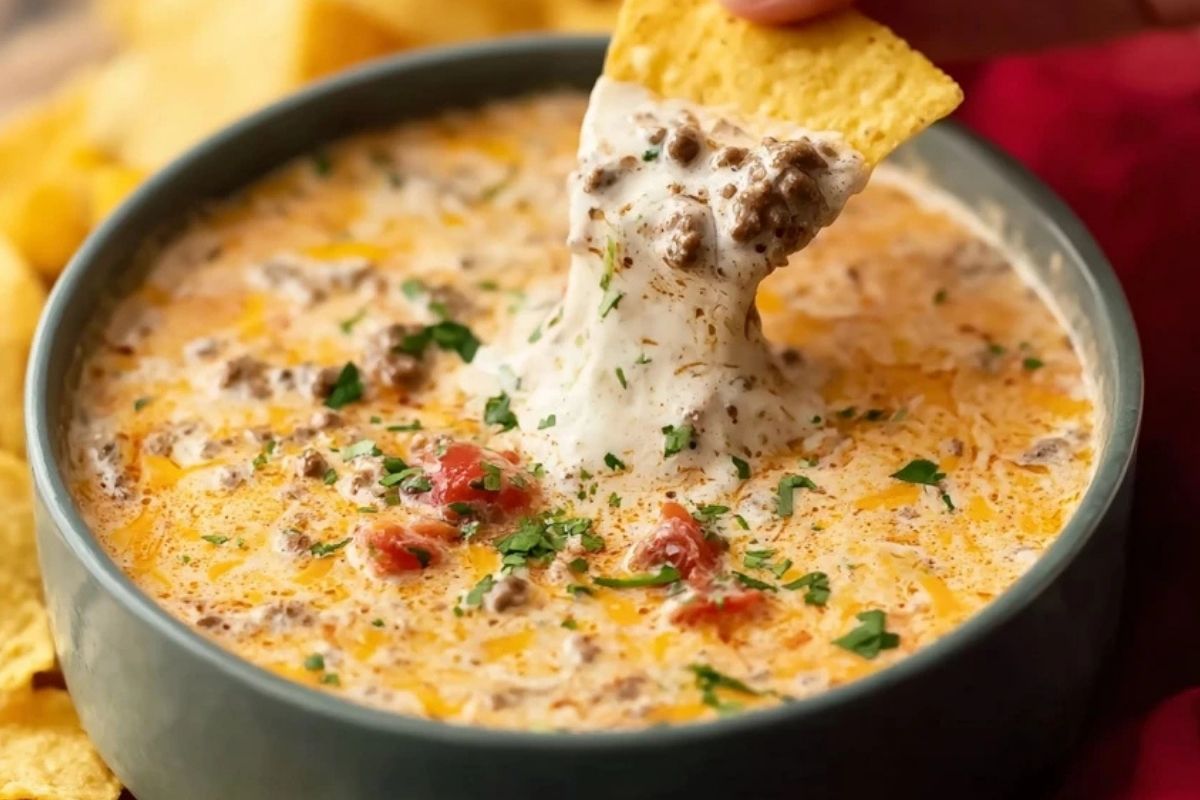 Melty Rotel Dip With Ground Beef And Sour Cream