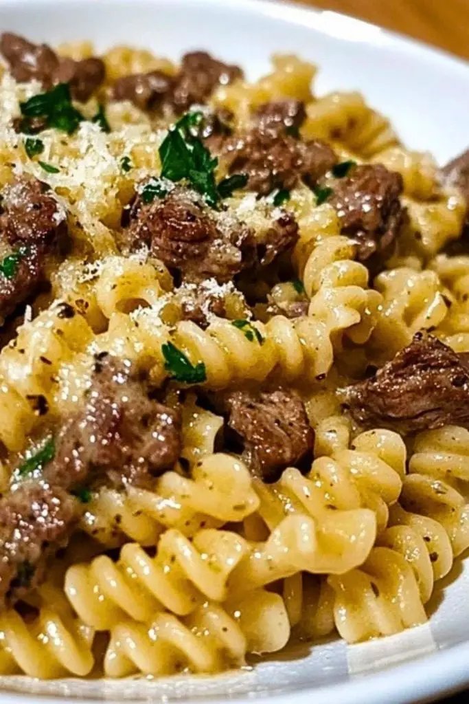 Beef and Rotini in Garlic Parmesan Sauce
